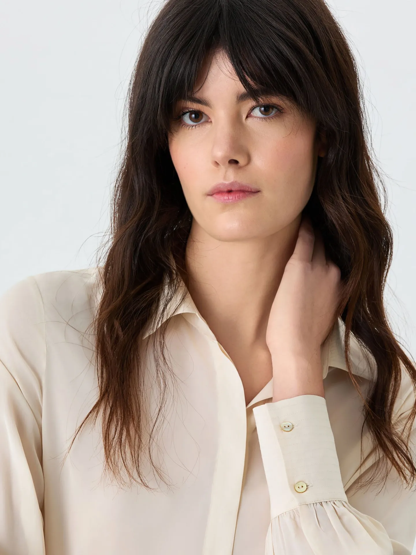 Hot Blouse In Crepe Fabric With Top Stitched Collar and Cuffs MULHER Blusas