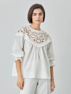 Sale Blouse In Organic Cotton Poplin With English Embroidery MULHER Blusas