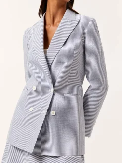 Clearance Double-Breasted Suit Blazer In Cotton Blend Striped Seersucker MULHER Blazers