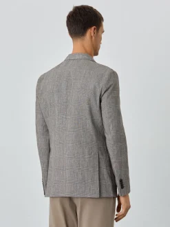 Outlet Half-Canvas Checks Blazer With Patch Pockets In Linen Blazers