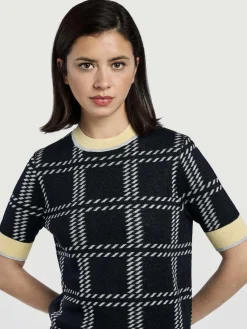 Hot Jacquard Knit Short Sleeve Sweater MULHER Camisolas