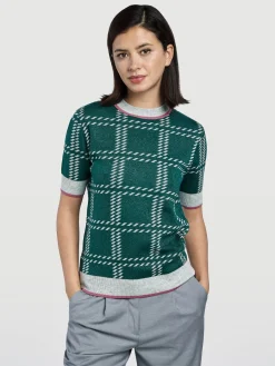 Hot Jacquard Knit Short Sleeve Sweater MULHER Camisolas