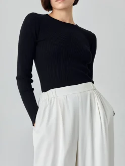 Hot Long Sleeve Rib Knit Sweater In Viscose Blend MULHER Camisolas