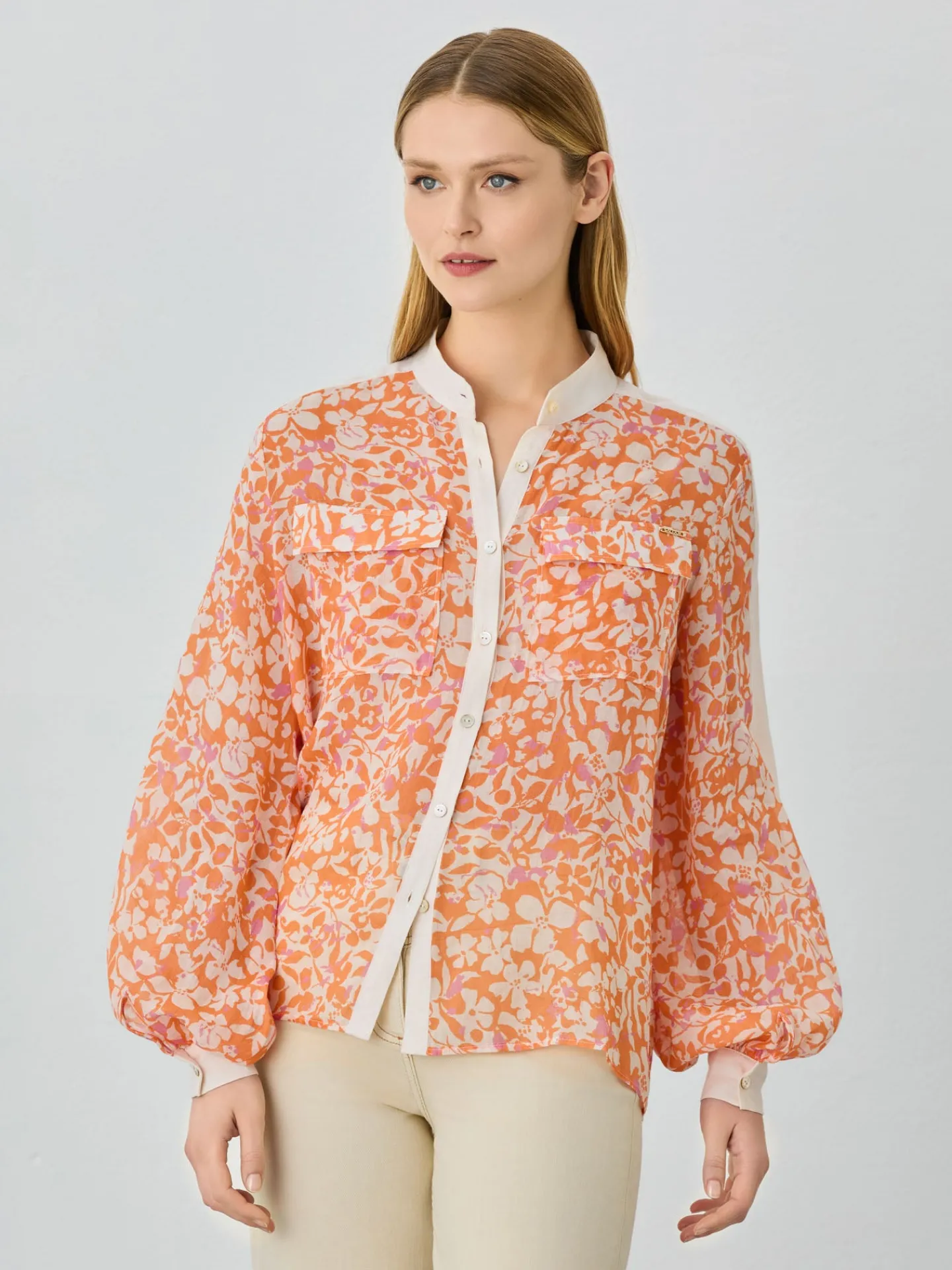 Outlet Mao Collar Blouse In Ramie Fabric With Floral Print MULHER Blusas