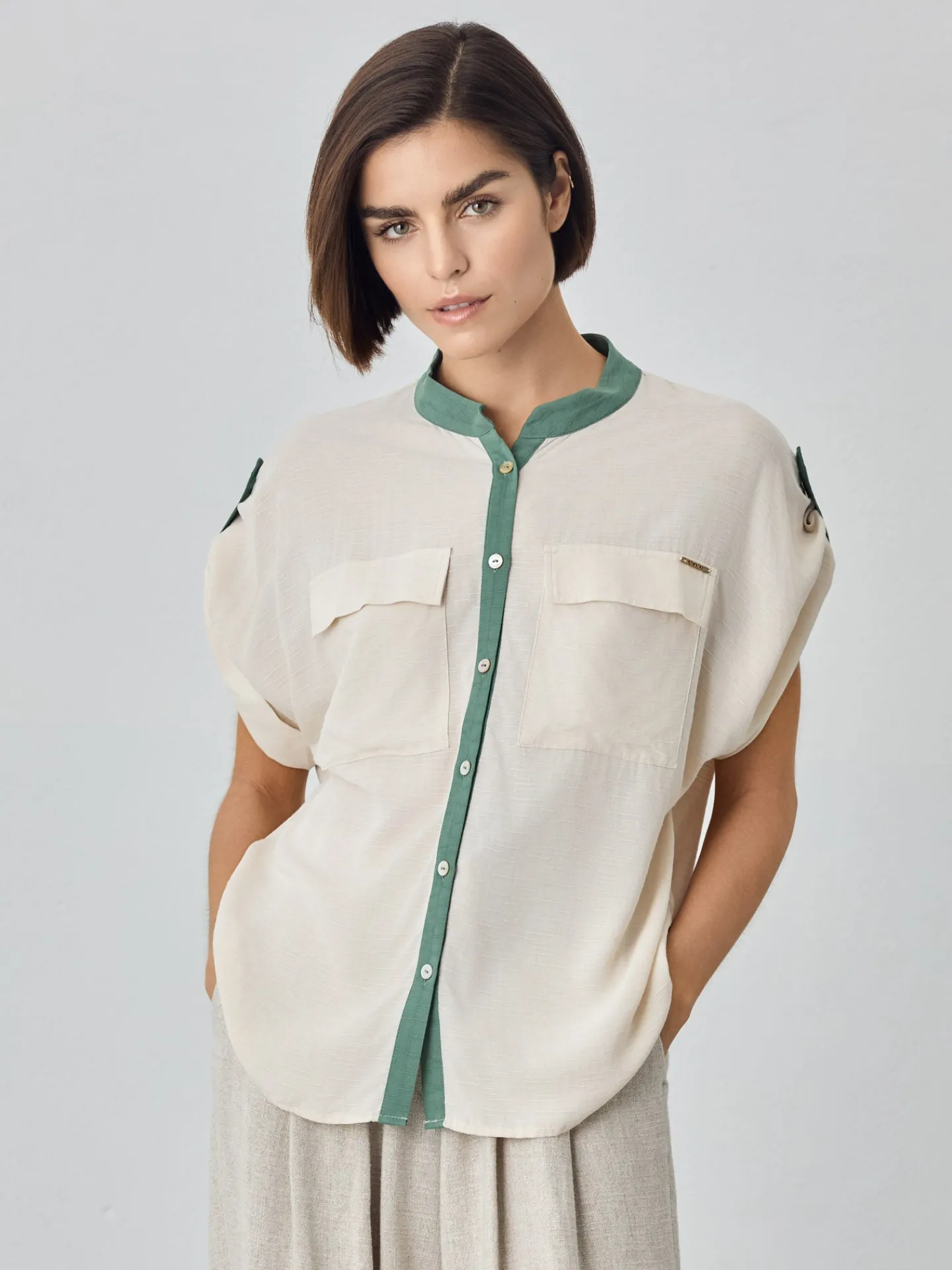 Clearance Mao Open Collar Blouse In Rayon Rustic Fabric MULHER Blusas