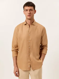 New Regular Fit Open Shirt in 100% Linen Camisas Casuais|Camisas Casuais