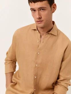 New Regular Fit Open Shirt in 100% Linen Camisas Casuais|Camisas Casuais