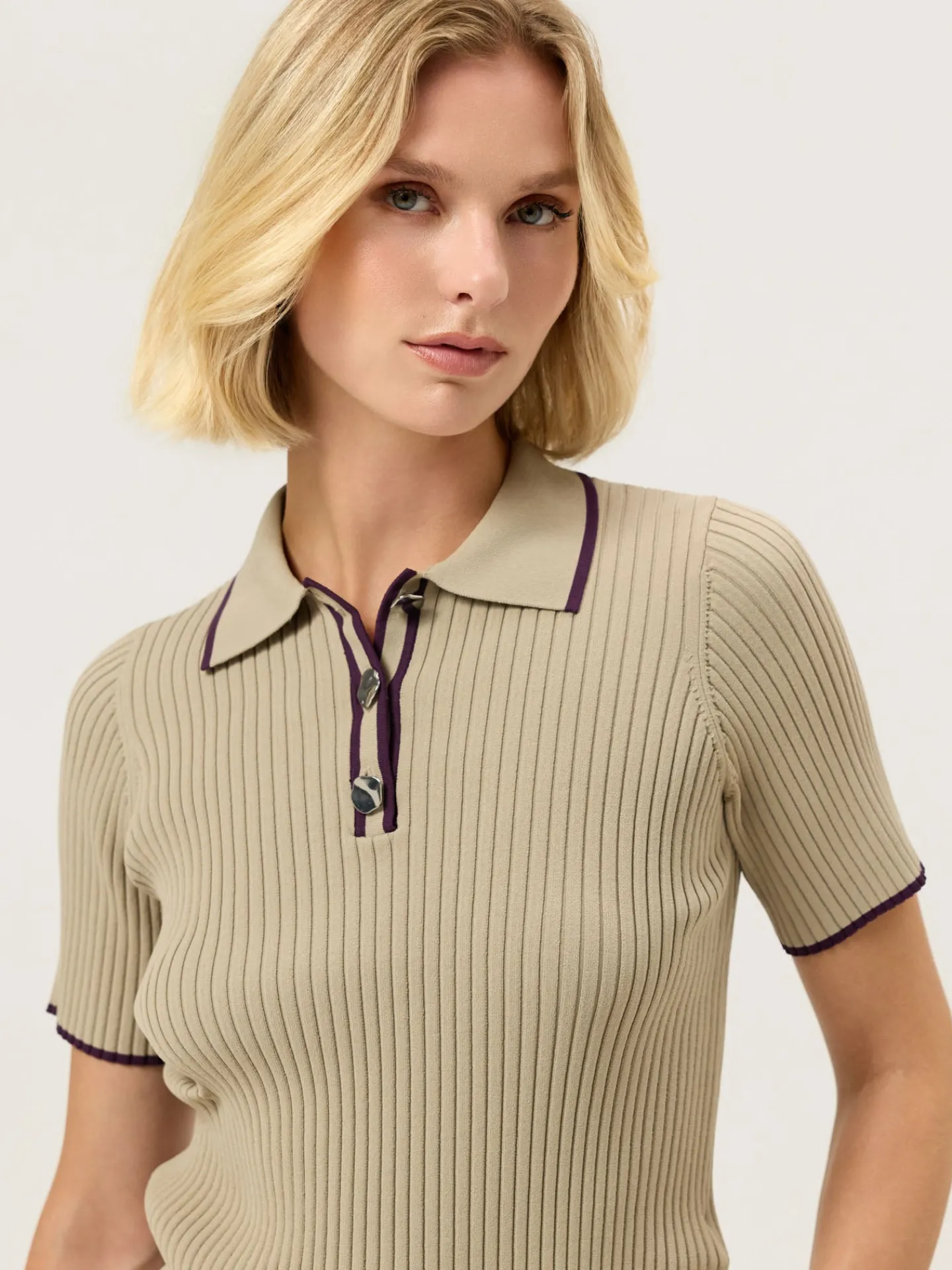 Clearance Short-Sleeve Polo Sweater With Gold Button In Viscose Blend MULHER Polos
