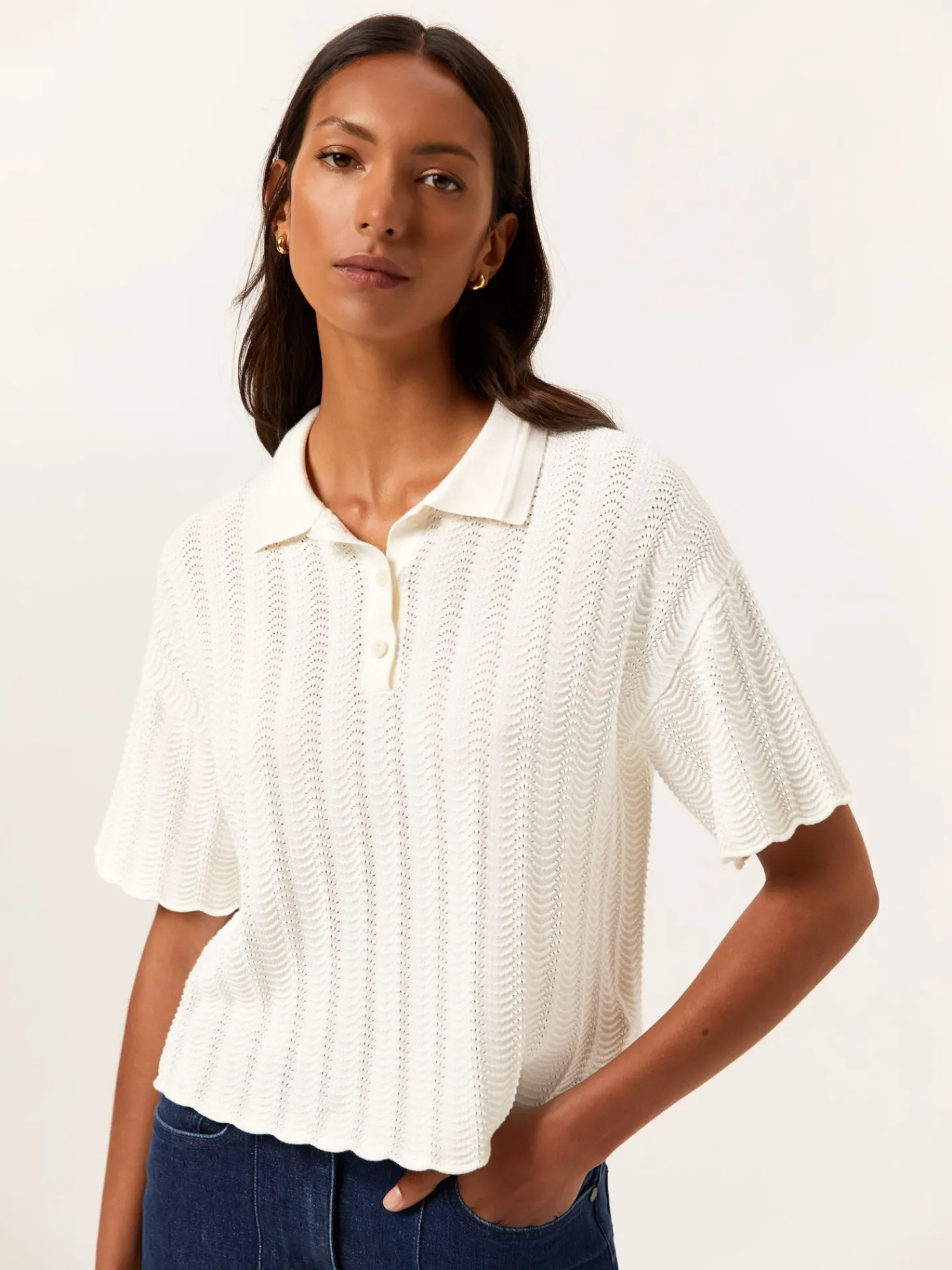 New Short-Sleeve Polo Sweater With Fancy Knitting In Cotton MULHER Polos