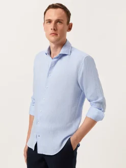 Clearance Slim Fit Herringbone Linen Shirt with Newport Collar Camisas Casuais