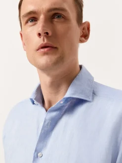 Clearance Slim Fit Herringbone Linen Shirt with Newport Collar Camisas Casuais