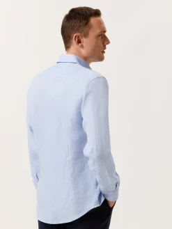 Clearance Slim Fit Herringbone Linen Shirt with Newport Collar Camisas Casuais