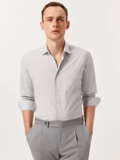 Outlet Slim Fit Houndstooth Cotton Poplin Shirt with Open Collar Camisas Casuais