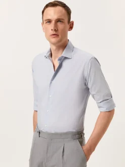 Outlet Slim Fit Houndstooth Cotton Poplin Shirt with Open Collar Camisas Casuais