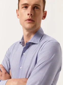 Outlet Slim Fit Houndstooth Cotton Poplin Shirt with Open Collar Camisas Casuais