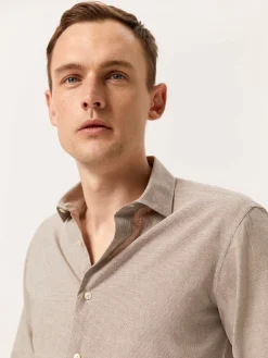 Online Slim Fit Houndstooth Cotton Linen Shirt with Open Collar Camisas Casuais