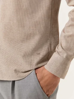 Online Slim Fit Houndstooth Cotton Linen Shirt with Open Collar Camisas Casuais