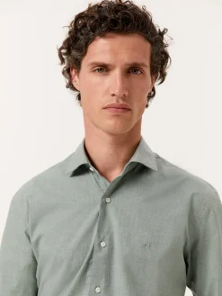 Clearance Slim Fit Mélange Cotton Shirt with Open Collar Camisas Casuais
