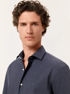 Clearance Slim Fit Mélange Cotton Shirt with Open Collar Camisas Casuais