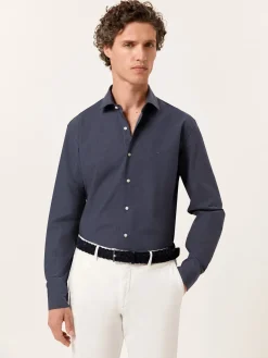 Clearance Slim Fit Mélange Cotton Shirt with Open Collar Camisas Casuais