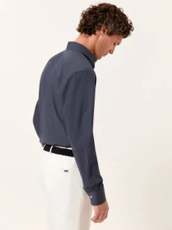 Clearance Slim Fit Mélange Cotton Shirt with Open Collar Camisas Casuais