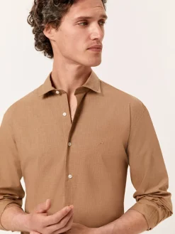 Clearance Slim Fit Mélange Cotton Shirt with Open Collar Camisas Casuais