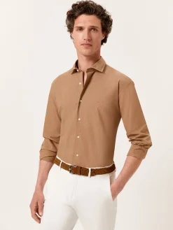 Clearance Slim Fit Mélange Cotton Shirt with Open Collar Camisas Casuais