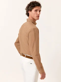 Clearance Slim Fit Mélange Cotton Shirt with Open Collar Camisas Casuais