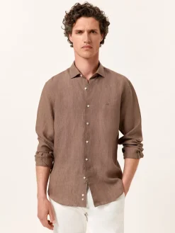 Slim Fit Plain Linen Shirt with Open Collar Camisas Casuais