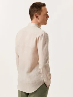 Slim Fit Plain Linen Shirt with Open Collar Camisas Casuais