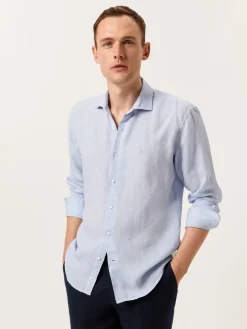 Slim Fit Plain Linen Shirt with Open Collar Camisas Casuais