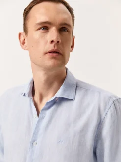 Slim Fit Plain Linen Shirt with Open Collar Camisas Casuais