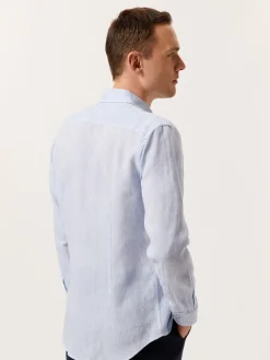 Slim Fit Plain Linen Shirt with Open Collar Camisas Casuais
