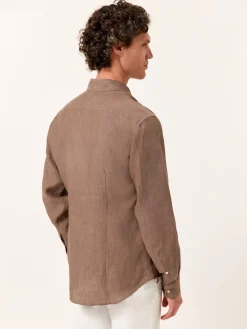 Slim Fit Plain Linen Shirt with Open Collar Camisas Casuais