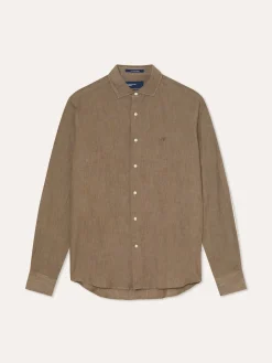 Slim Fit Plain Linen Shirt with Open Collar Camisas Casuais