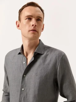 Slim Fit Plain Linen Shirt with Open Collar Camisas Casuais