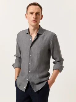 Slim Fit Plain Linen Shirt with Open Collar Camisas Casuais