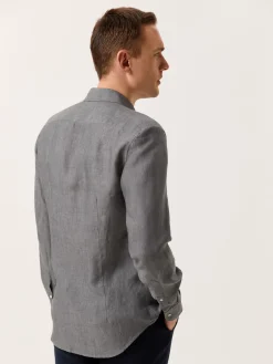 Slim Fit Plain Linen Shirt with Open Collar Camisas Casuais