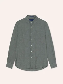 Slim Fit Plain Linen Shirt with Open Collar Camisas Casuais