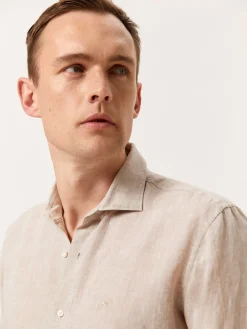 Slim Fit Plain Linen Shirt with Open Collar Camisas Casuais