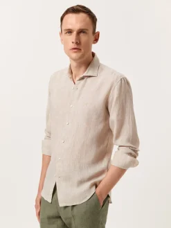 Slim Fit Plain Linen Shirt with Open Collar Camisas Casuais