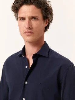 Clearance Slim Fit Seersucker Shirt in Cotton Elastane with Open Collar Camisas Casuais