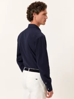 Clearance Slim Fit Seersucker Shirt in Cotton Elastane with Open Collar Camisas Casuais