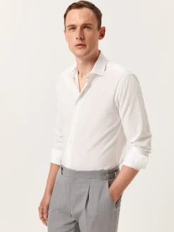 Online Slim Fit Seersucker Shirt in Cotton Elastane with Open Collar Camisas Casuais