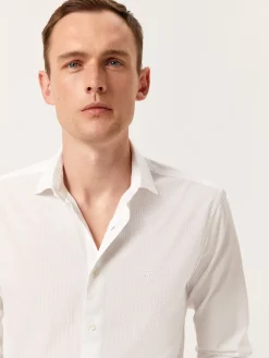 Online Slim Fit Seersucker Shirt in Cotton Elastane with Open Collar Camisas Casuais