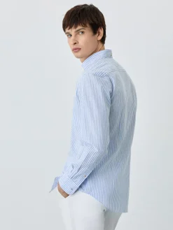 Clearance Slim Fit Shirt With Chest Pocket In Cotton-linen Blend With Stripes Camisas Casuais