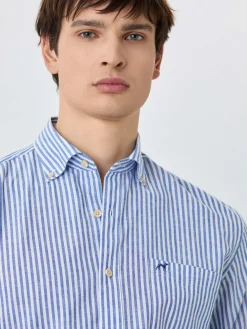 Discount Slim Fit Shirt With Chest Pocket In Cotton-linen Blend With Stripes Camisas Casuais