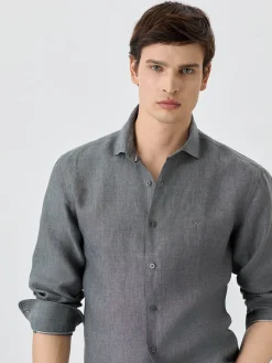 Sale Slim Fit Shirt With Open Collar In Linen Camisas Casuais