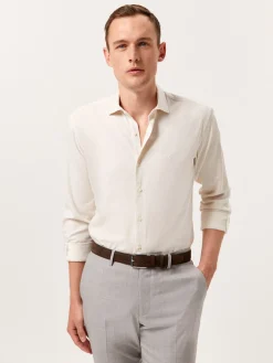 Discount Slim Fit Slub Mélange Cotton Twill Shirt with Open Collar Camisas Casuais