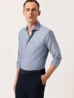 Discount Slim Fit Slub Mélange Cotton Twill Shirt with Open Collar Camisas Casuais